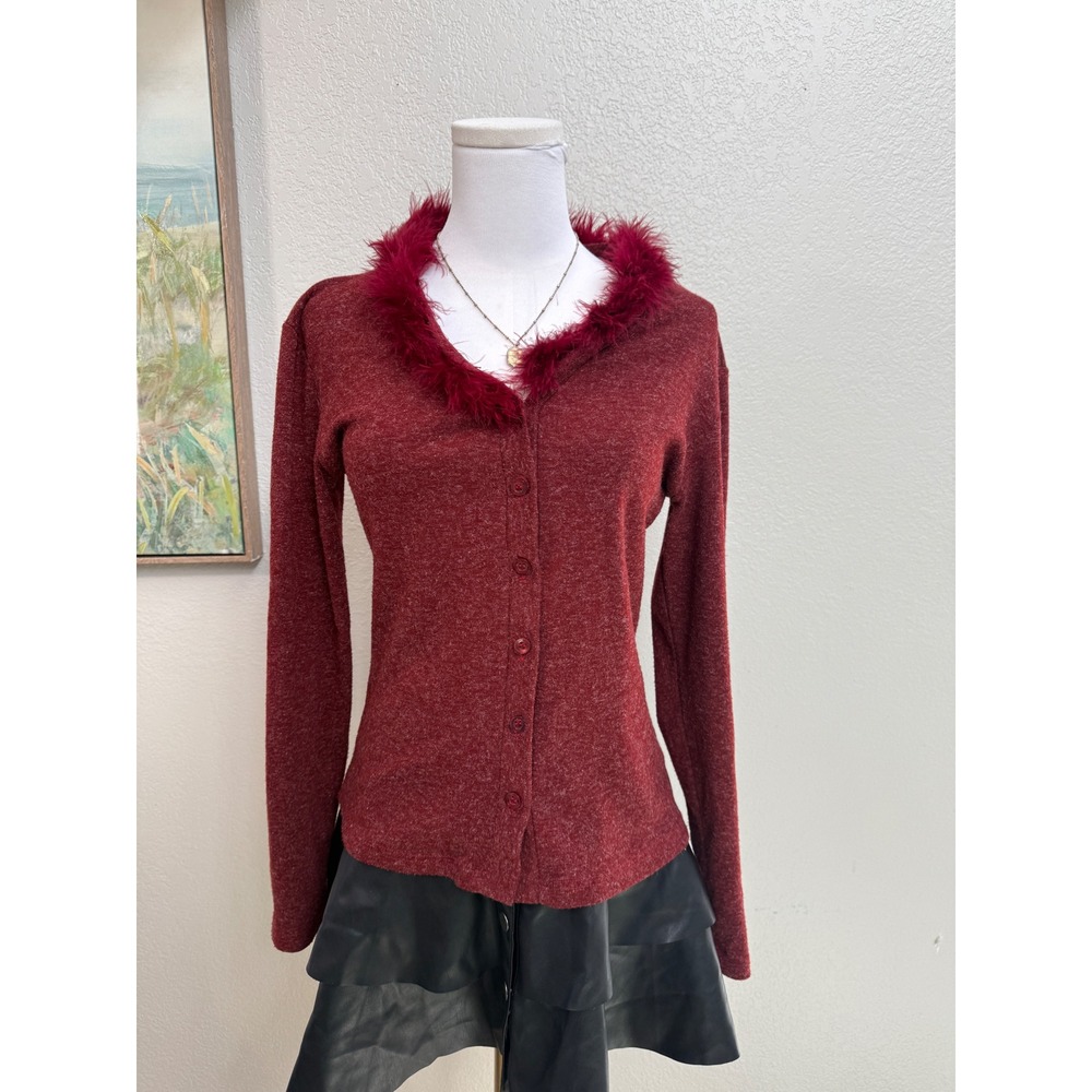 Y2K red feather‎ trim cardigan